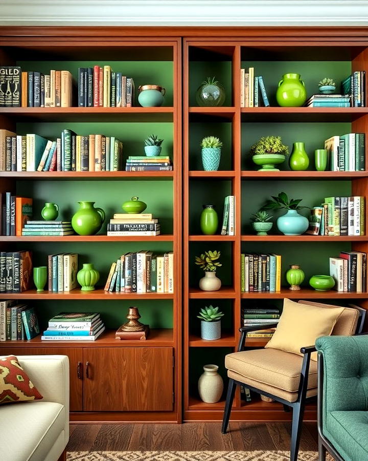 Living Room Green Bookshelves for a Stylish Display