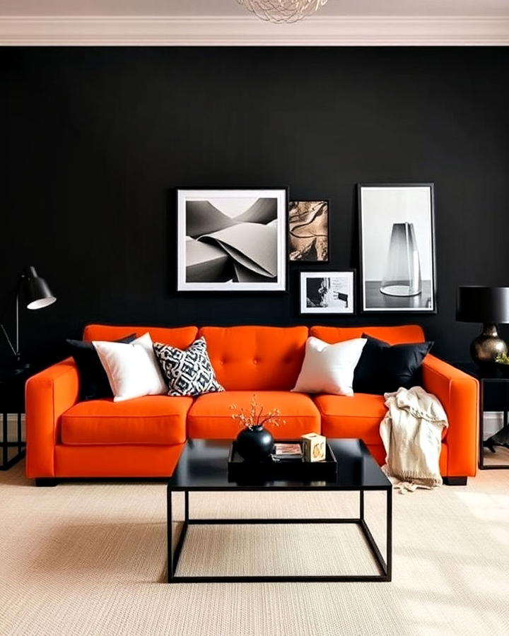 Living Room Orange Sofa With Black Accessories