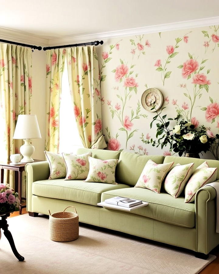 Living Room Sage Green Couch With Floral Patterns