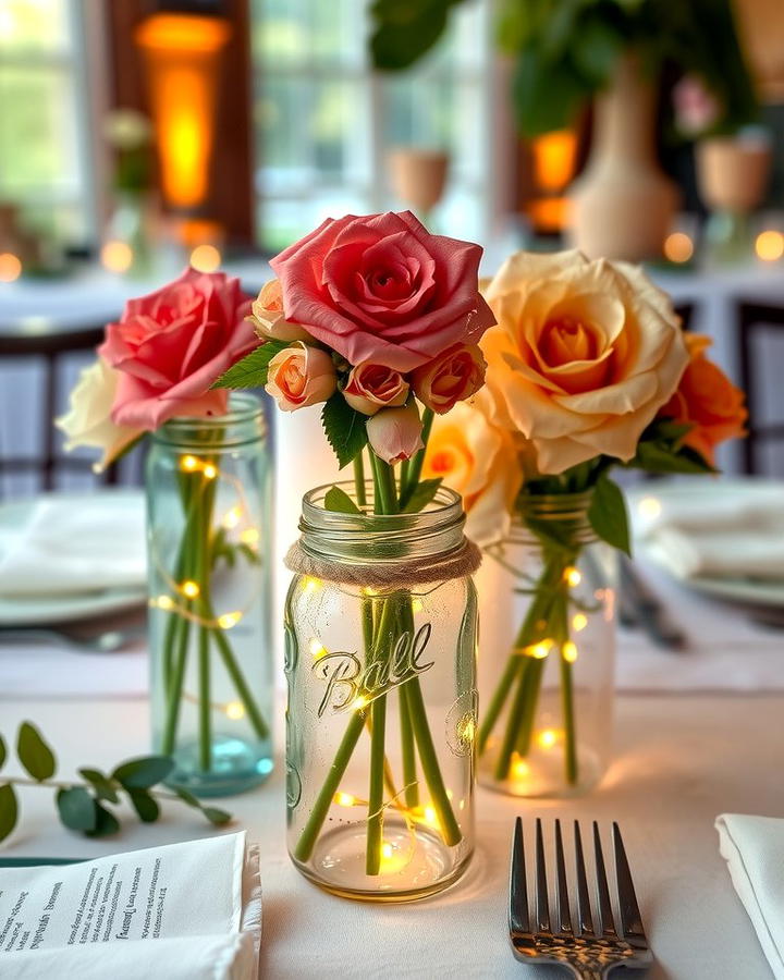 Mason Jars with Fairy Lights and Flowers