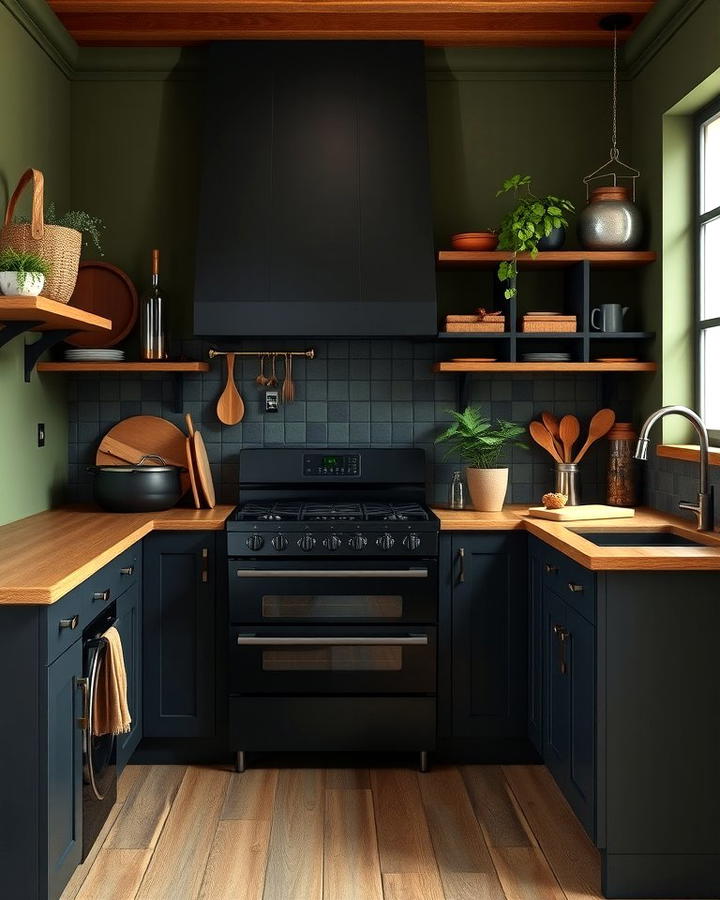 Matte Black Appliances with Olive Green Walls