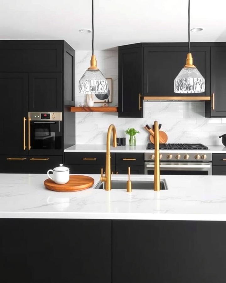 Matte Black Cabinets With Marble Inspired White Countertops