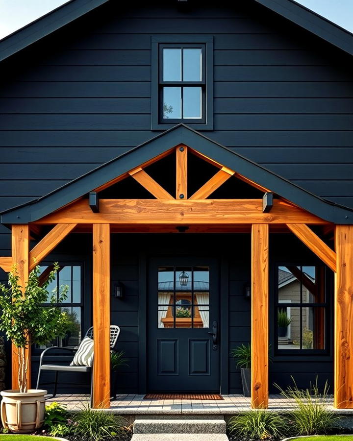 Matte Black Facade with Rustic Wooden Beams