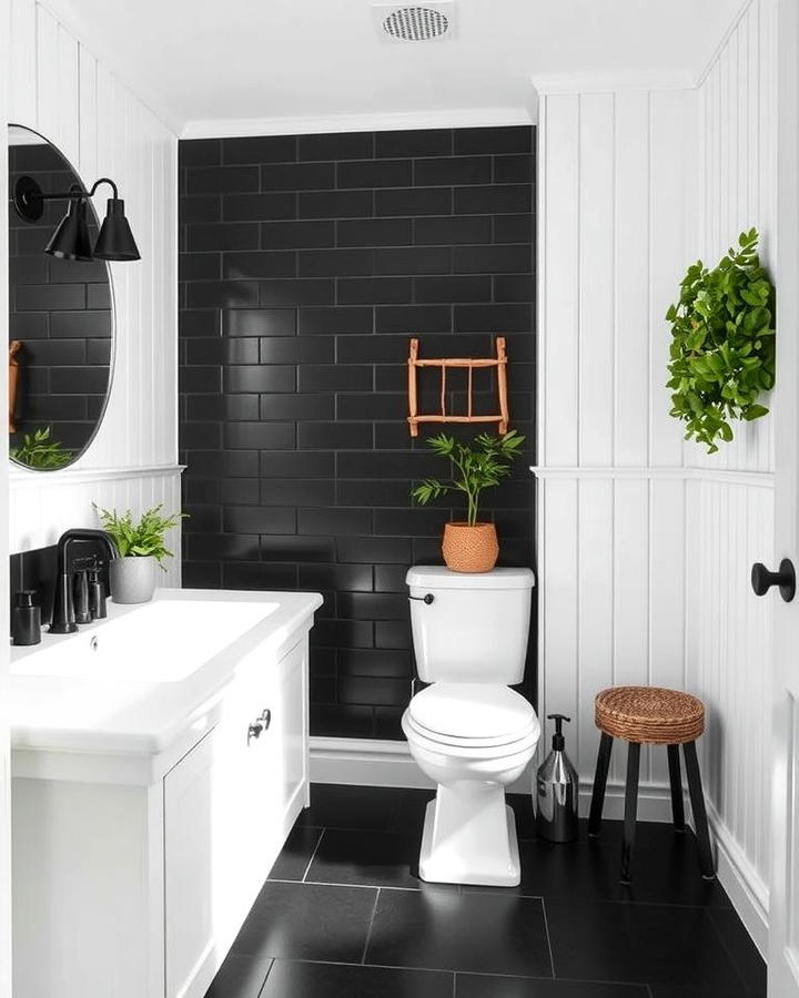 Matte Black Tiles with White Shiplap Walls