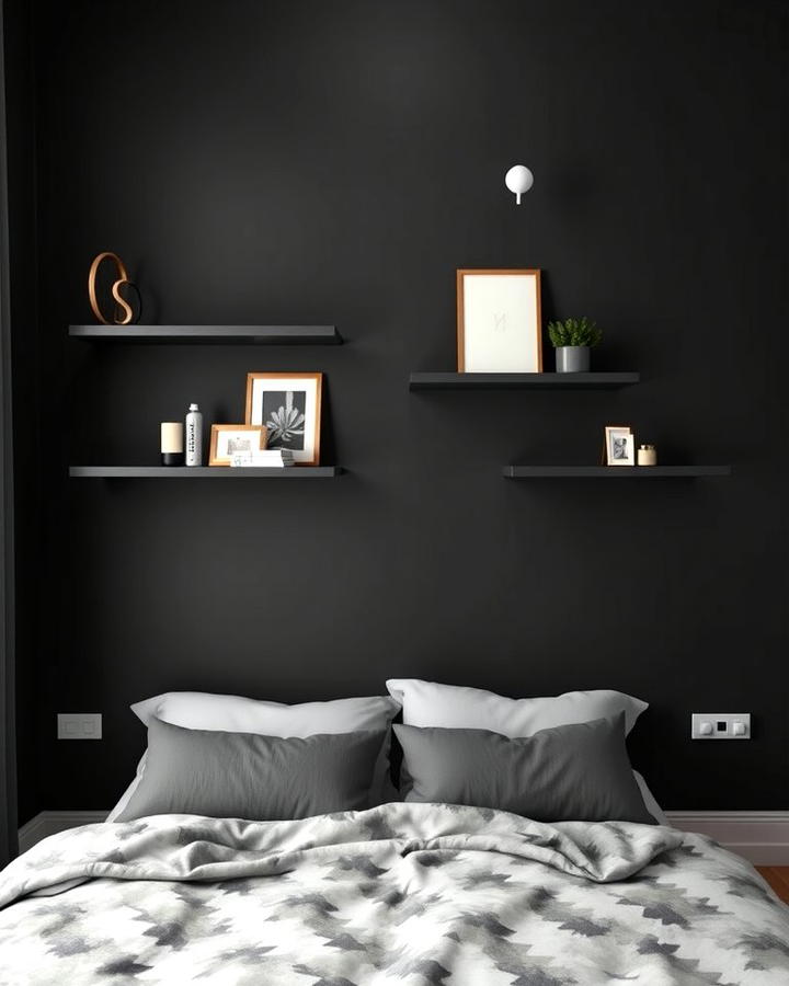 Matte Black Wall with Floating Shelves