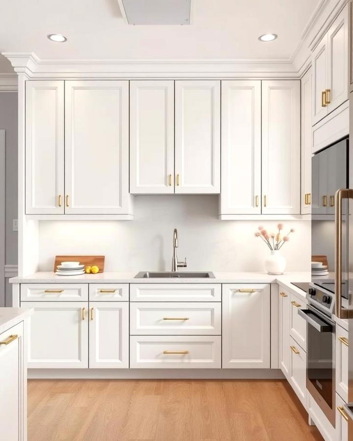 Matte White Cabinets with Gold Edge Detailing