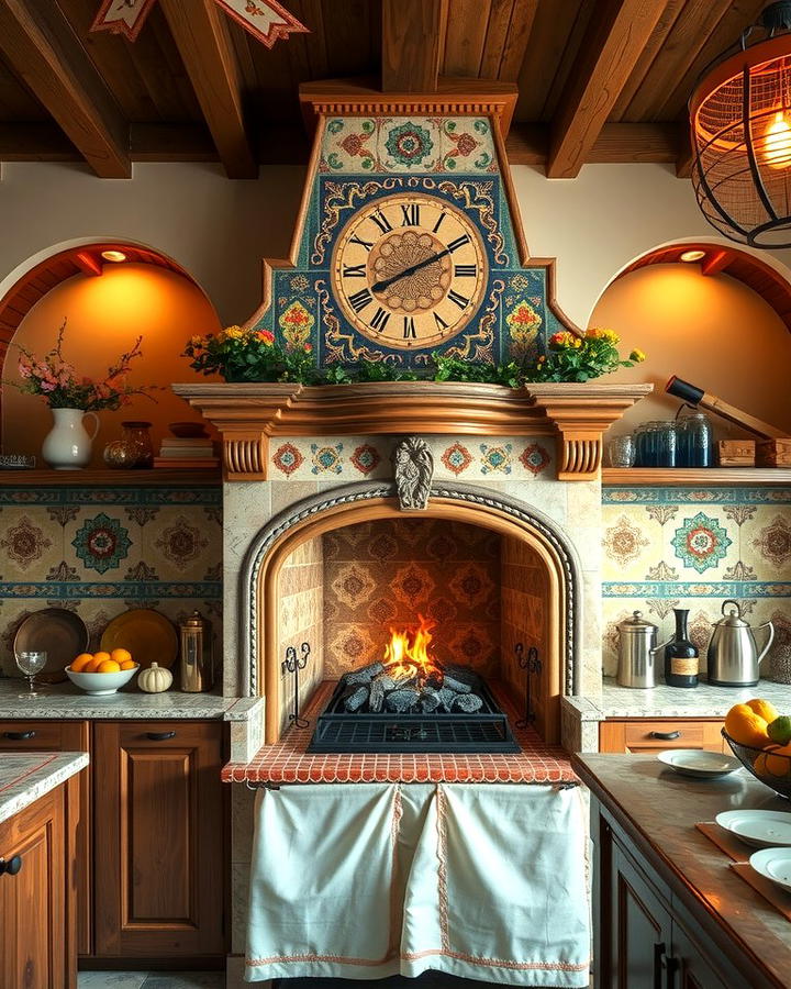 Mediterranean Kitchen with a Tile Accented Fireplace