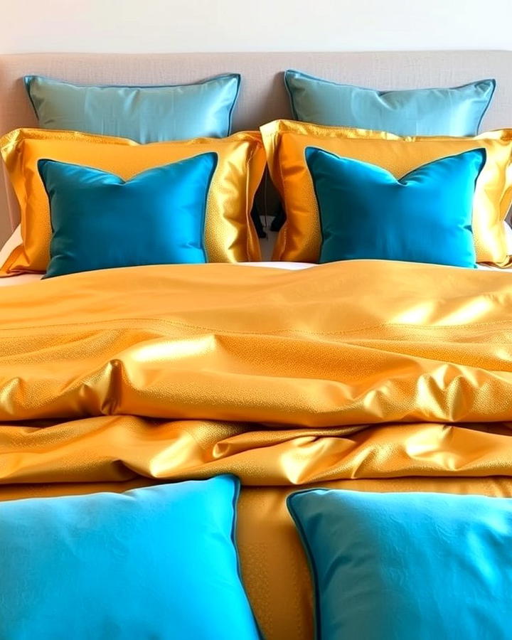 Metallic Gold Bedding with Blue Pillows