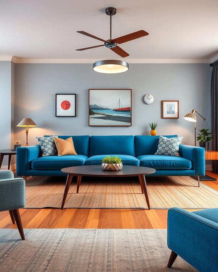 Mid Century Modern with a Blue Sofa Twist