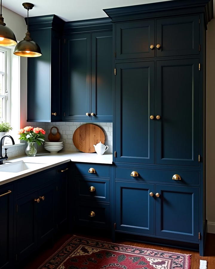 Midnight Blue Cabinets with Antique Gold Knobs