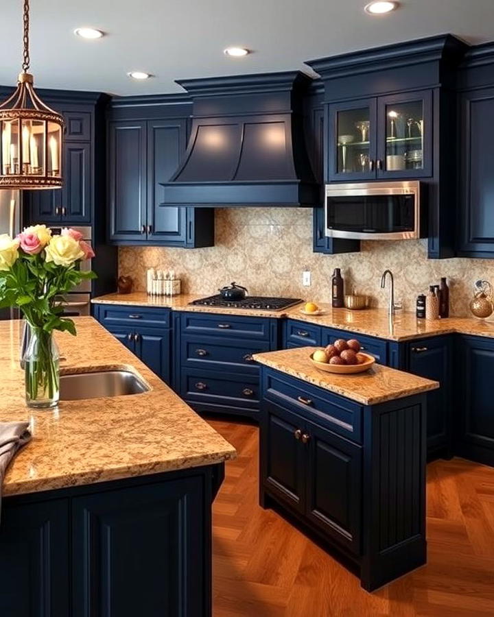 Midnight Blue Cabinets with Caramel Brown Granite