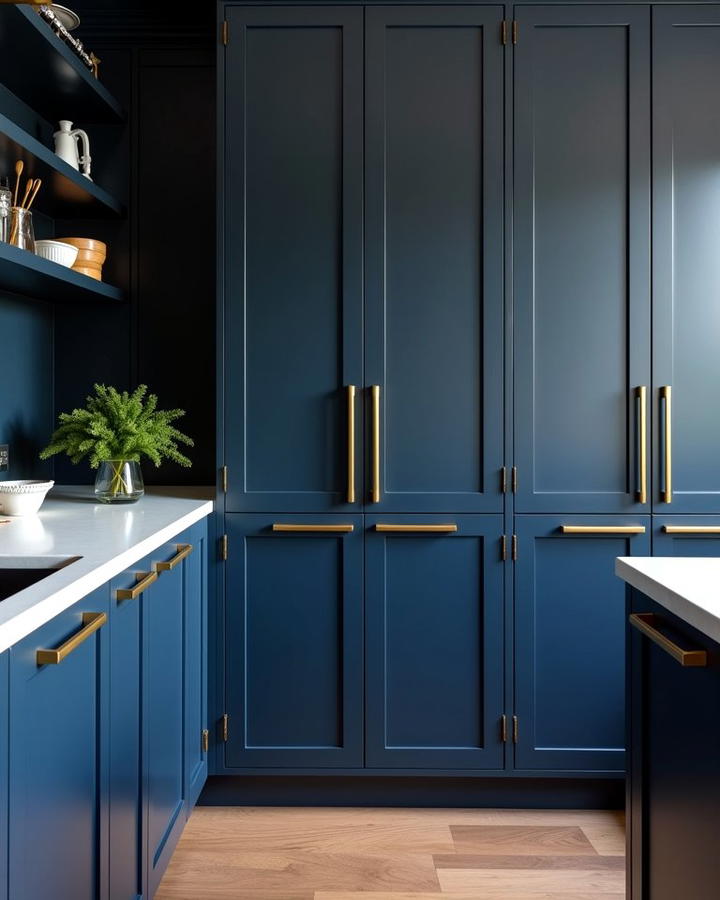 Midnight Blue Cabinets with Satin Gold Bar Handles