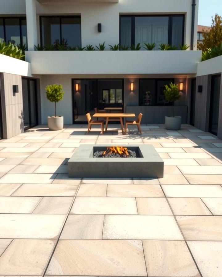 Minimalist Square Fire Pit with Geometric Paver Patterns