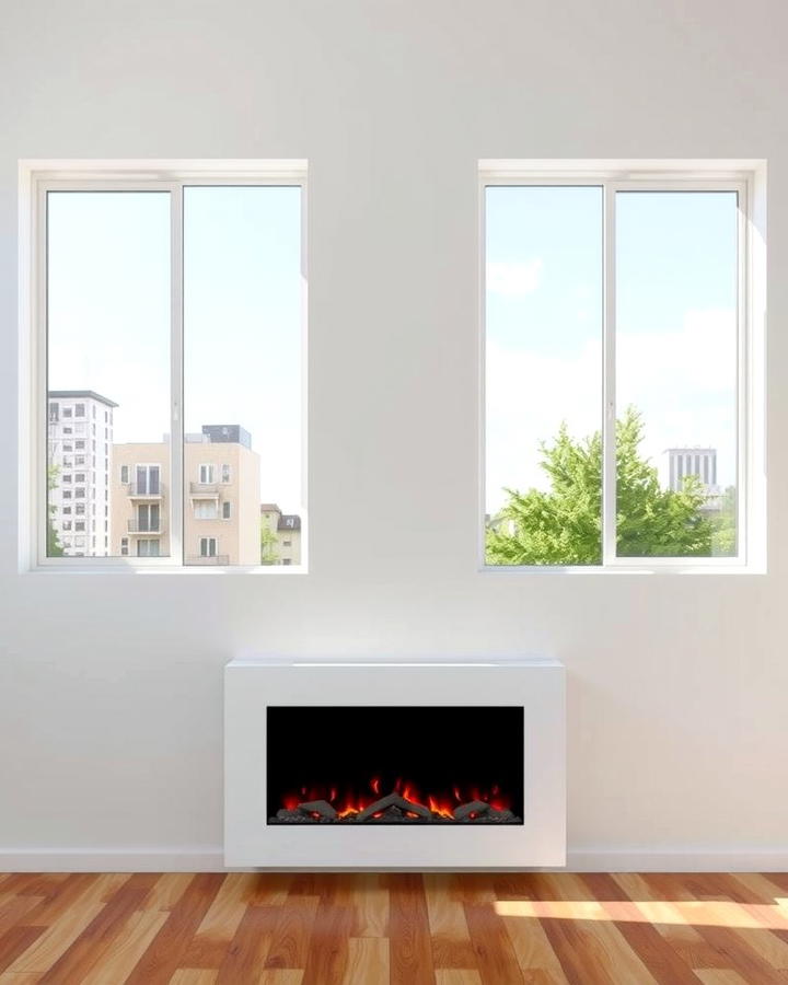 Modern Electric Fireplace Framed by Picture Windows