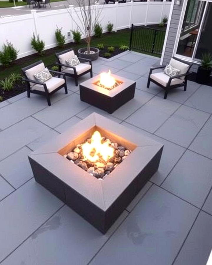 Modern Geometric Stamped Concrete Patio with Square Fire Pit