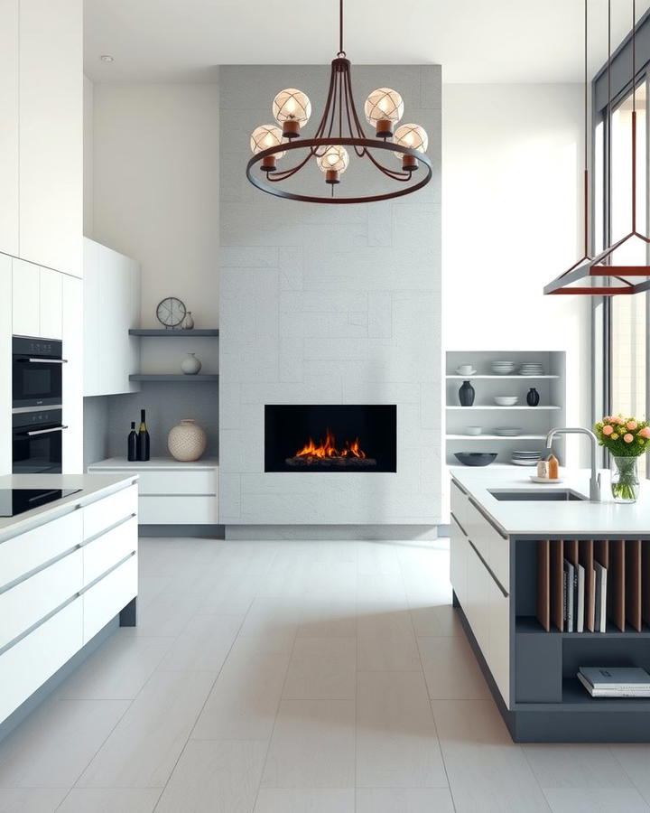 Modern Minimalist Kitchen with a Sleek Fireplace