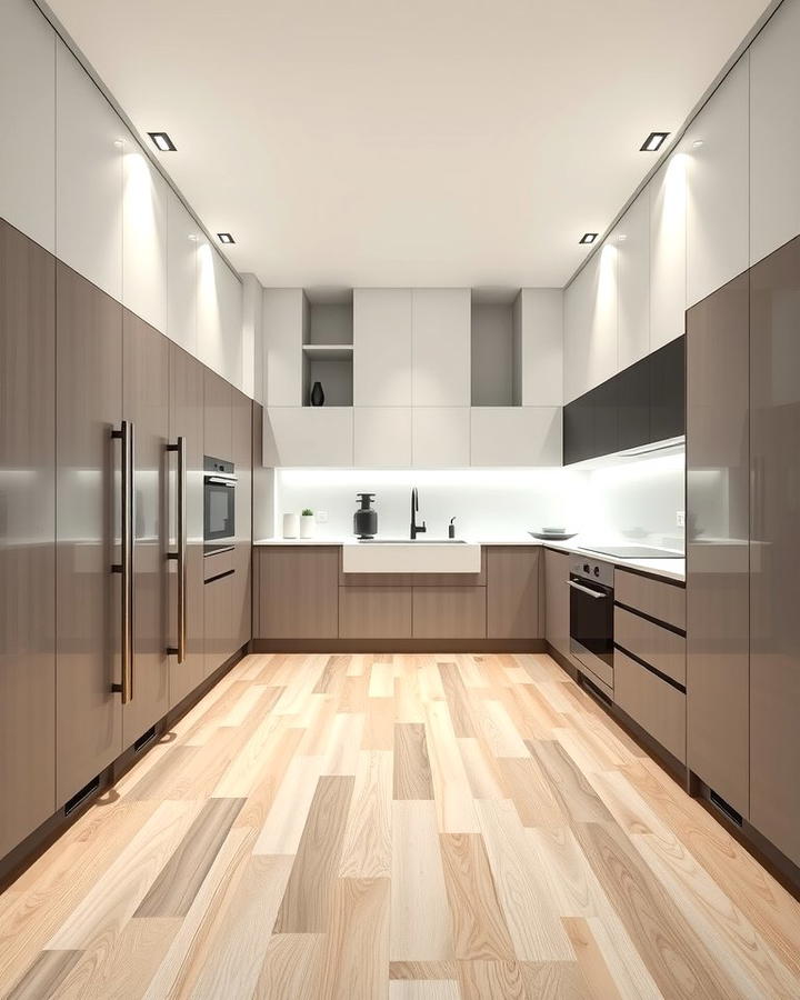 Monochromatic Kitchen with Light Wood Floors