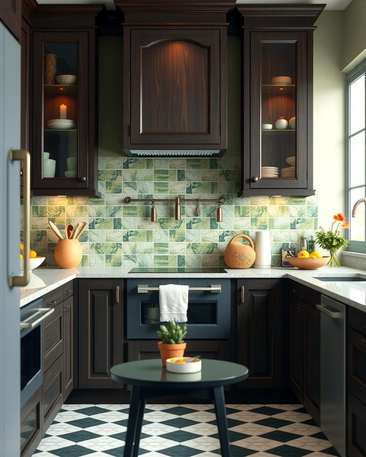 Moss Green Backsplash with Dark Wood Cabinets