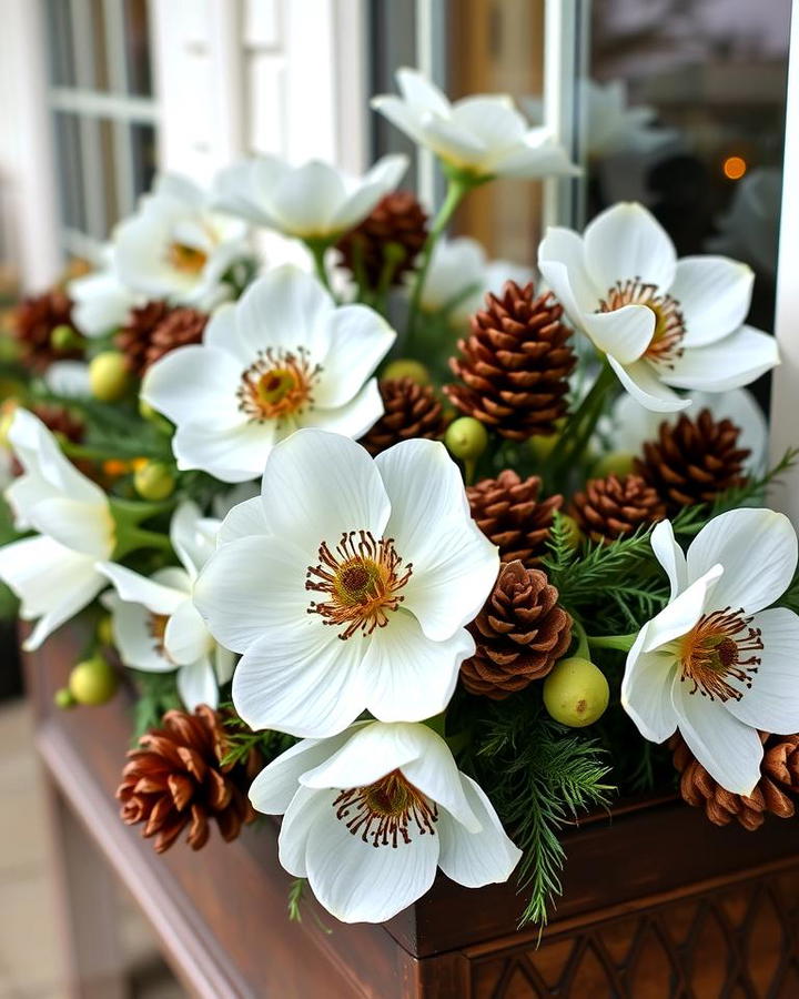 Natural Elegance with Pinecones and White Anemones