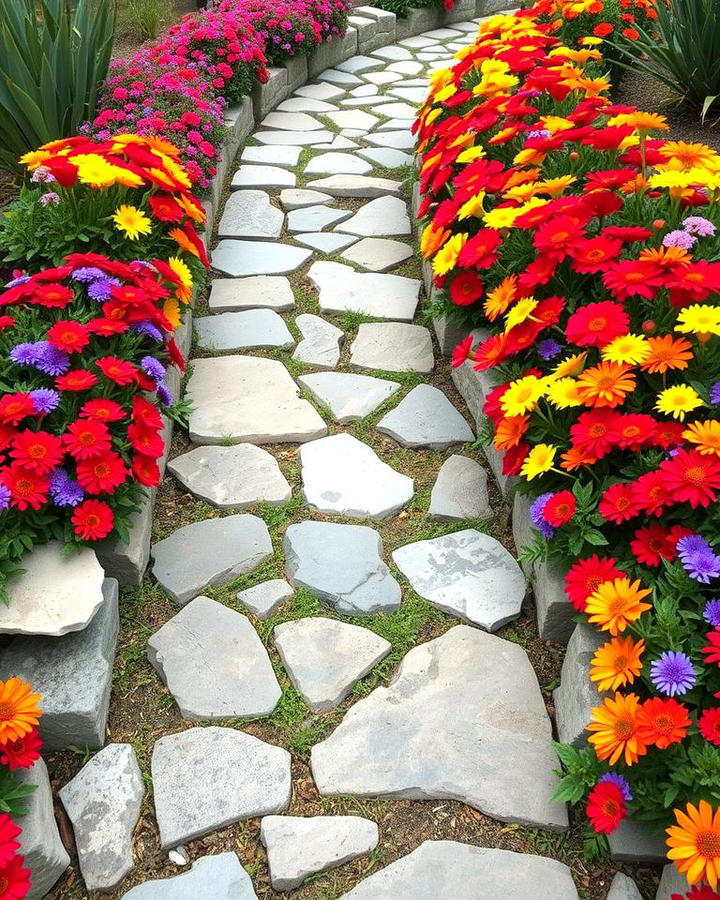 Natural Stone Path with Flower Borders