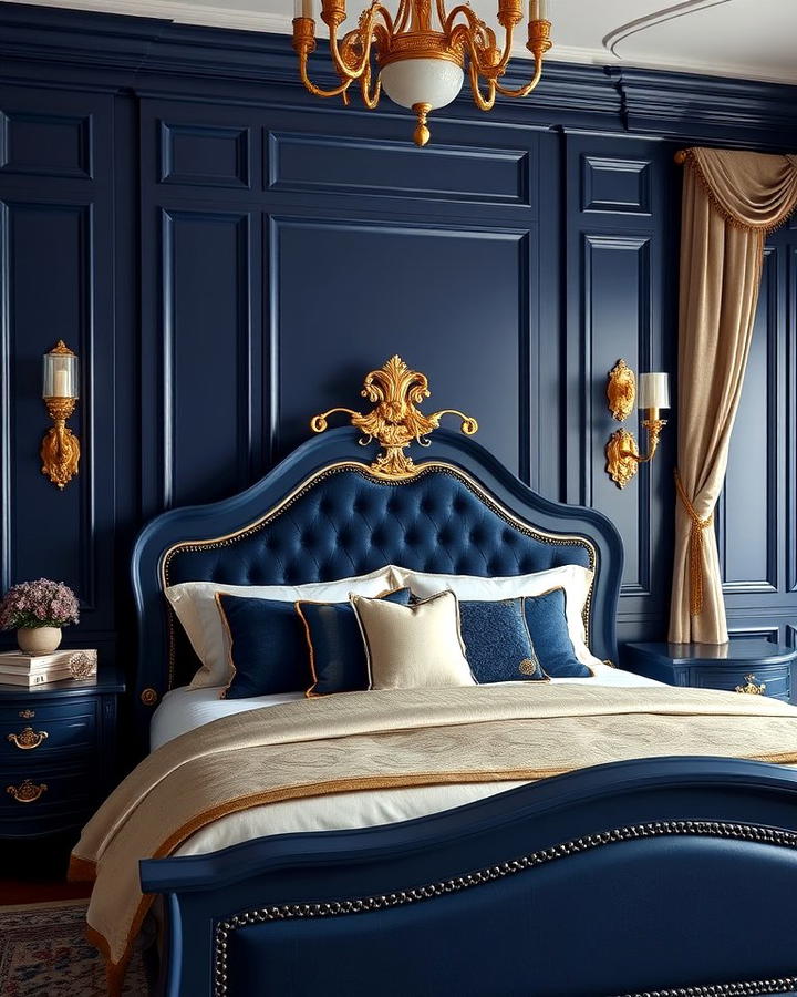 Navy Blue Bed Frame with Gold Detailing