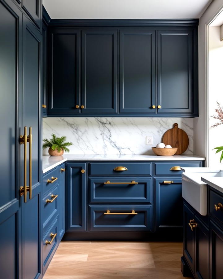 Navy Blue Cabinets with Polished Gold Pulls