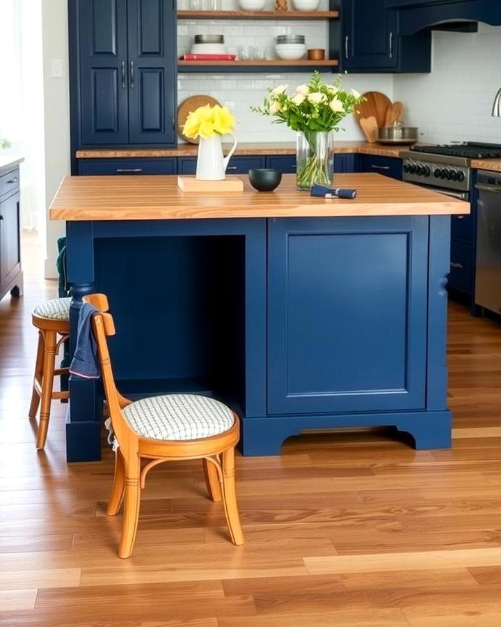 Navy Blue Island with Wooden Countertops