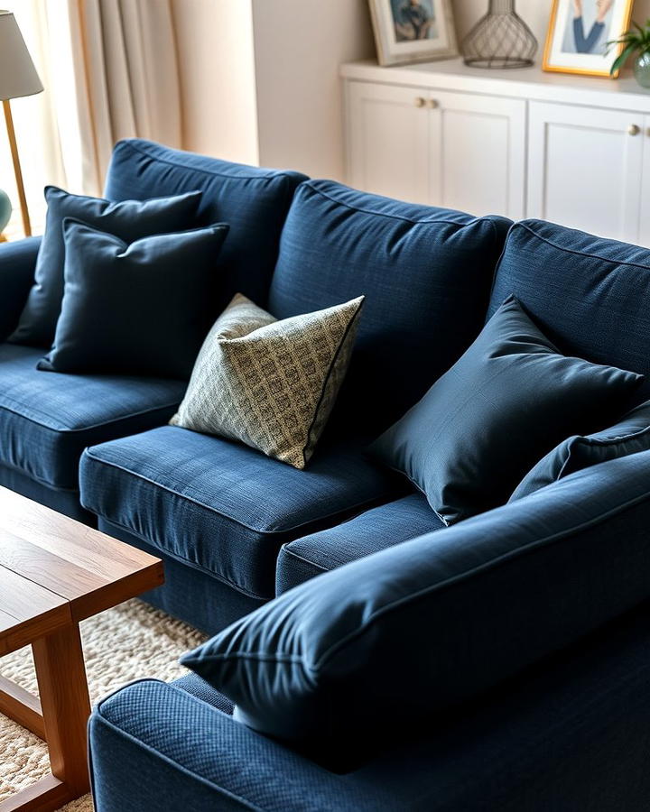 Navy Blue Sofa with Black Throw Pillows