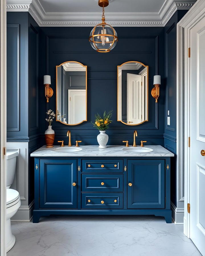 Navy Blue Vanity with Brass Accents