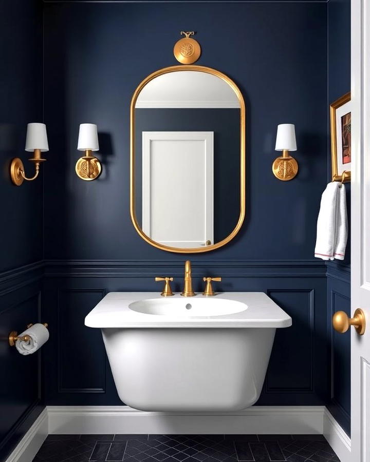 Navy Blue Walls with Gold Sconces