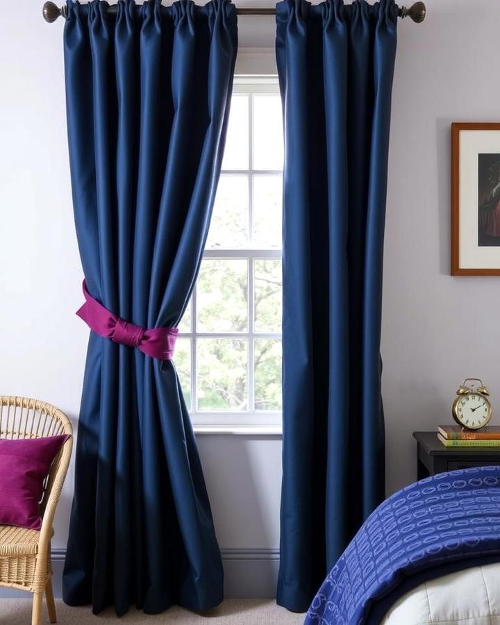 Navy Curtains with Plum Tiebacks