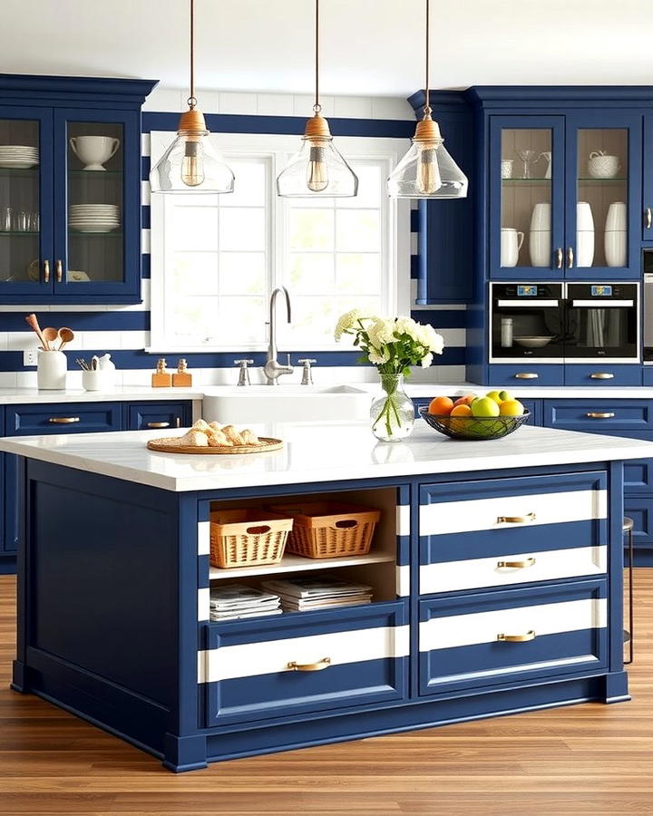 Navy and White Striped Island with Hidden Storage