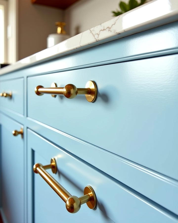 Ocean Blue Cabinets with Polished Gold Bar Pulls