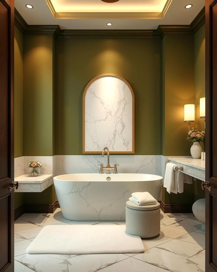 Olive Green Bathrooms with Marble Accents