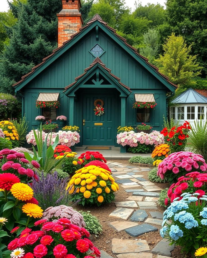 Olive Green Cottage with Floral Landscaping