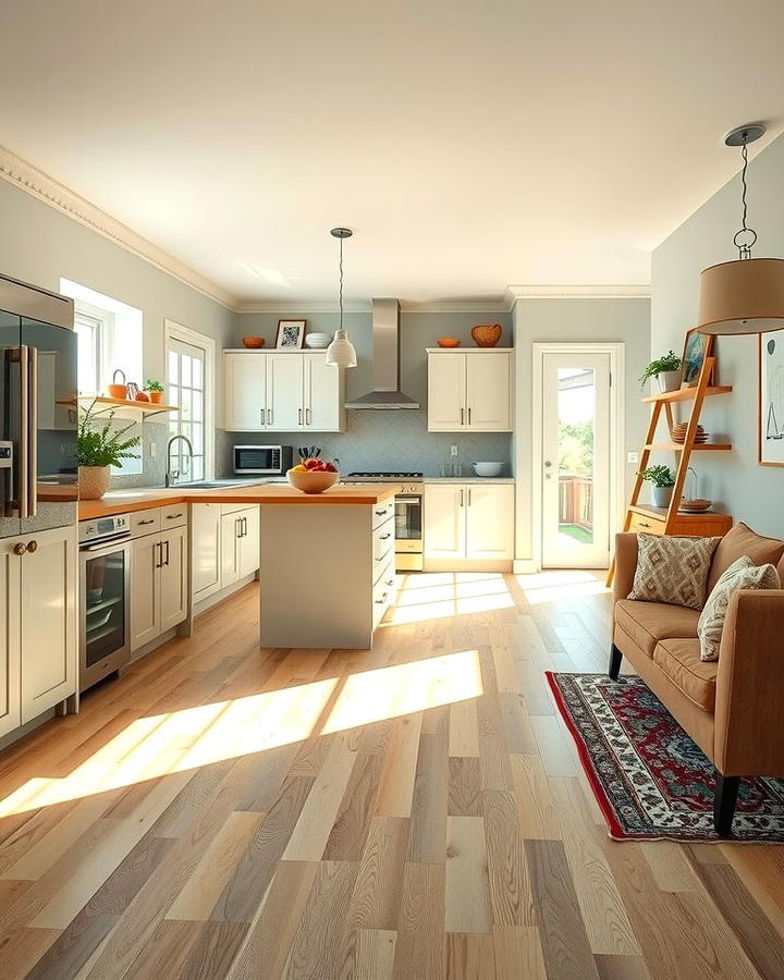 Open Concept Kitchen with Light Wood Floors