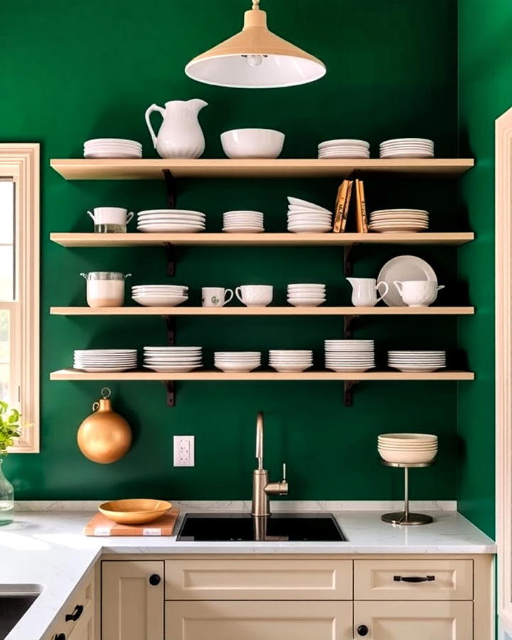 Open Shelves with Emerald Green Background