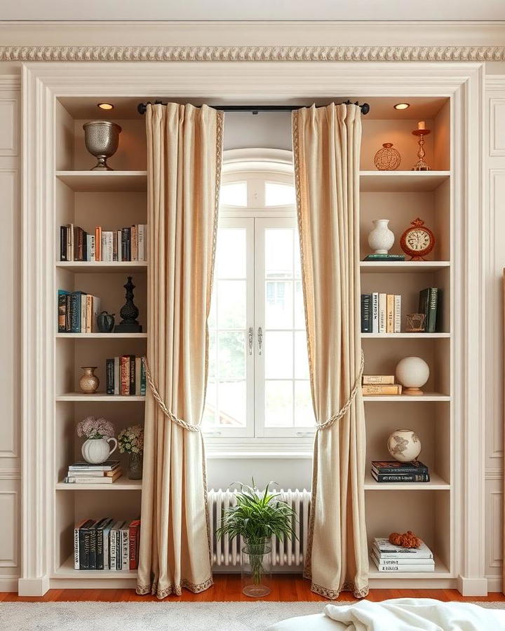 Open Shelving Around a Window with Curtains