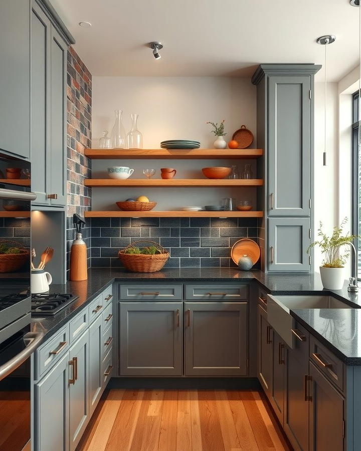 Open Shelving to Contrast with Gray Cabinets