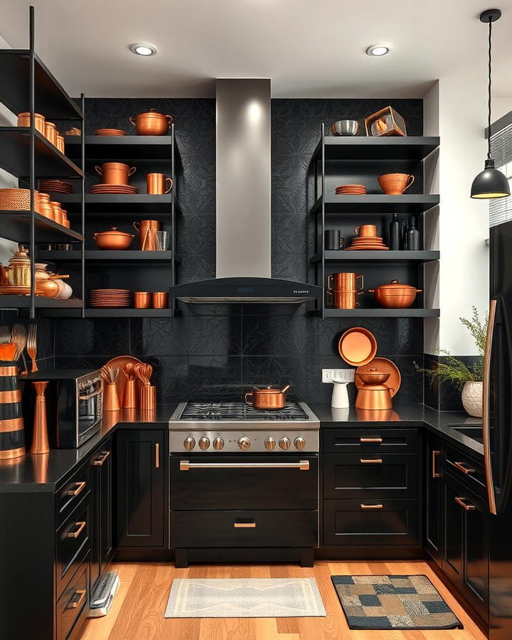 Open Shelving with Black and Copper Elements