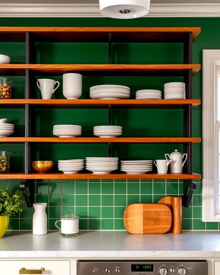 Open Shelving with Forest Green Background