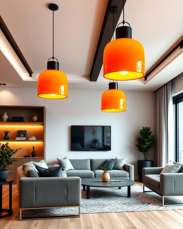 Orange Pendant Lighting with Black Fixtures