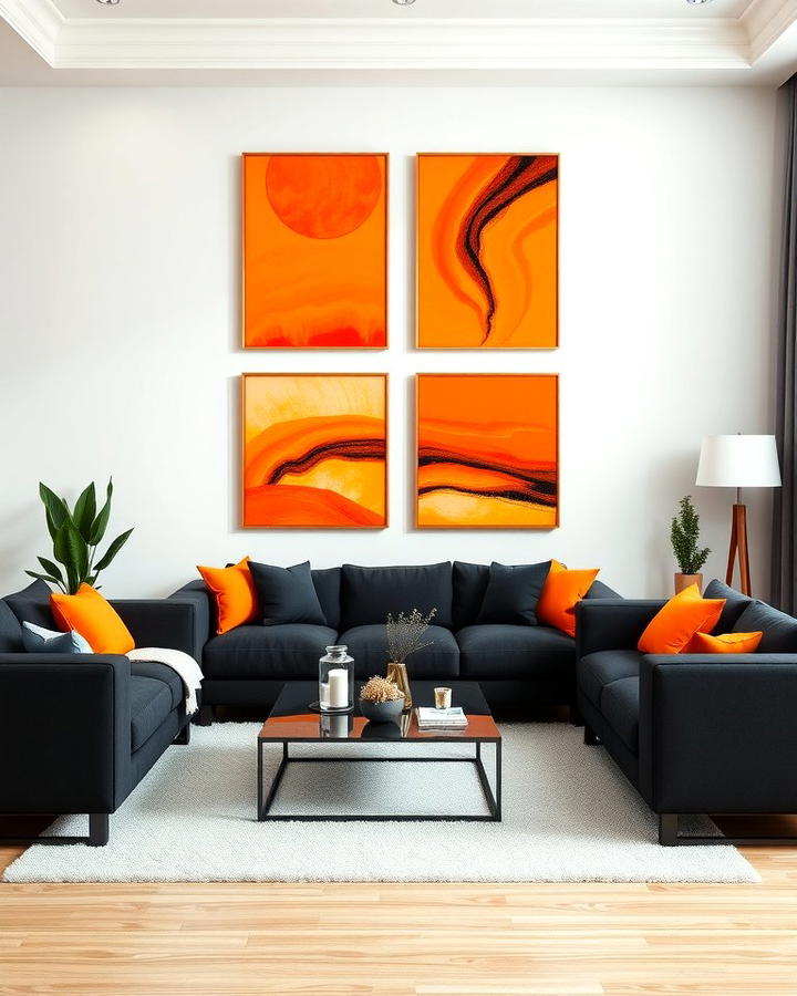 Orange Wall Art with Black Furniture