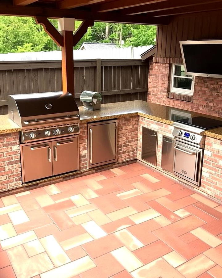 Outdoor Kitchen with Red Paver Flooring