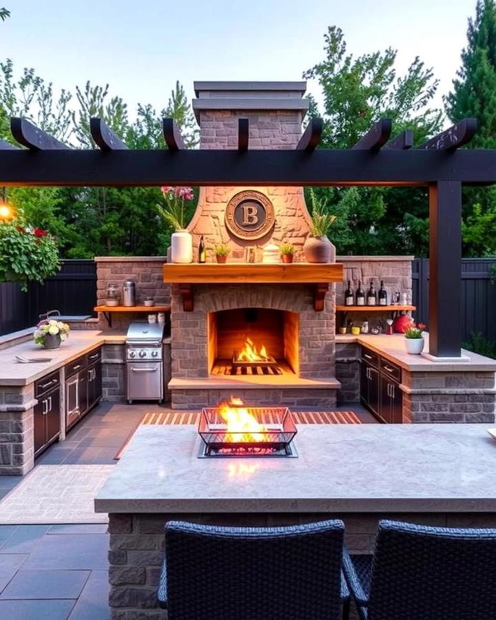 Outdoor Kitchen with a Fireplace