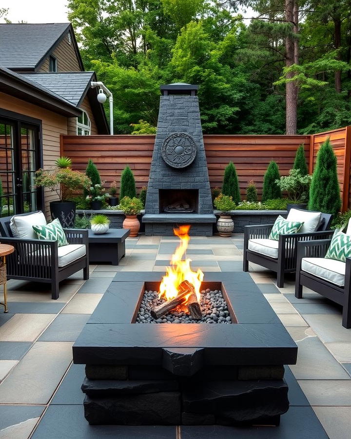 Outdoor Retreat with Black Stone Fire Pit