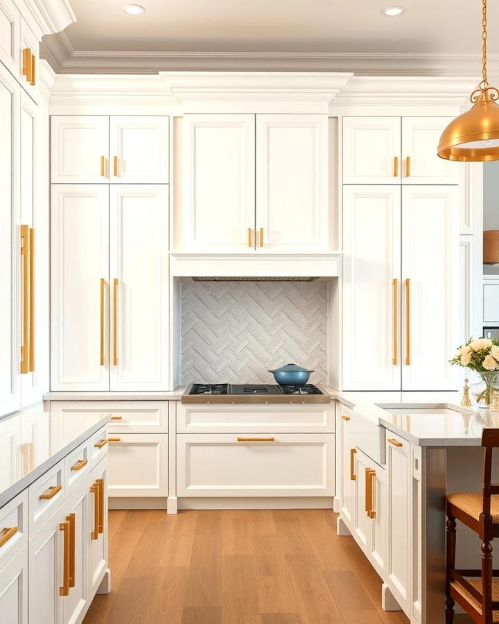 Paneled White Cabinets with Oversized Gold Handles