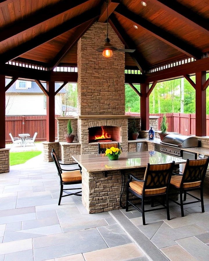 Pavilion With Fireplace and Outdoor Kitchen Idea