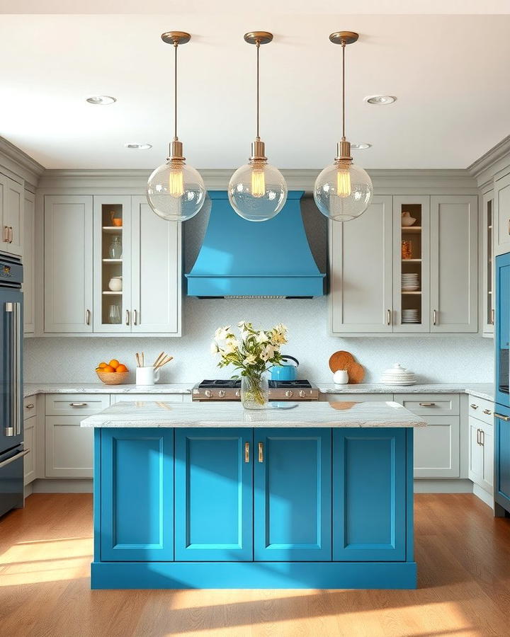 Peacock Blue Island with Glass Pendant Lights