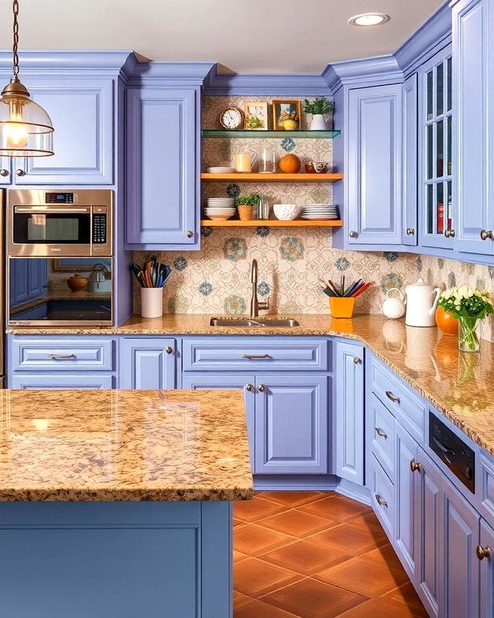 Periwinkle Cabinets with Tan Brown Granite